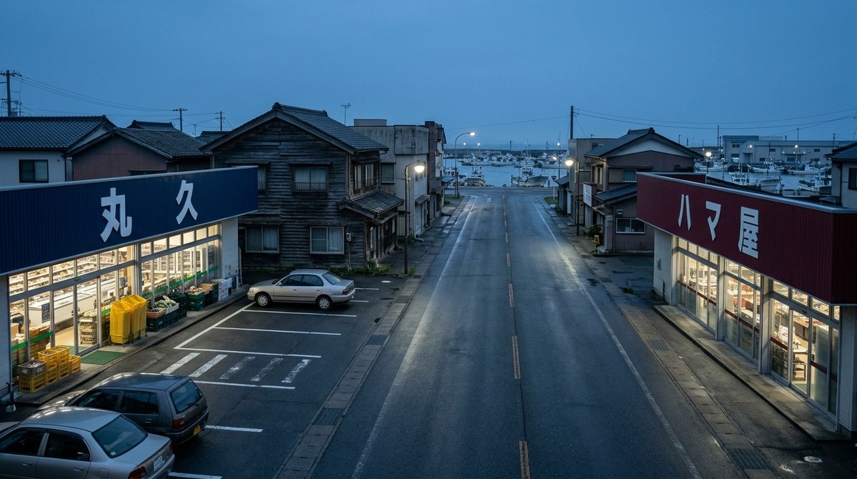夜明け前の港通り。青い看板の丸久と赤い看板のハマ屋が斜め向かいに建つ